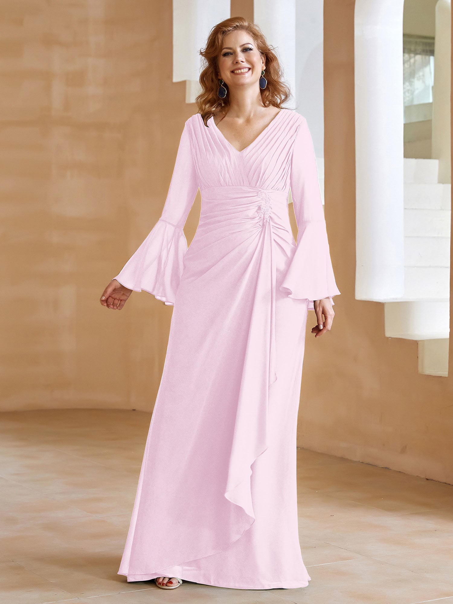 Robe en Mousseline de A-ligne à Col en V avec Manches Longues Longueur au Sol Rose Pâle